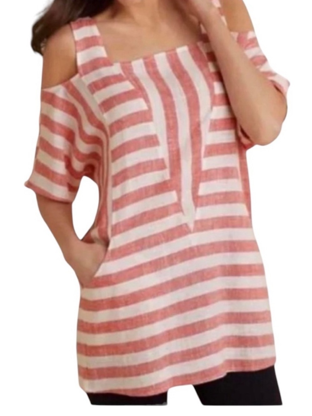 Soft Surroundings Pink and White Striped Cold-Shoulder Tunic